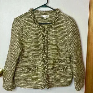 Cabi Tweed Jacket Women Large Brown Tan Cropped Lined Fringe Blazer Work Casual